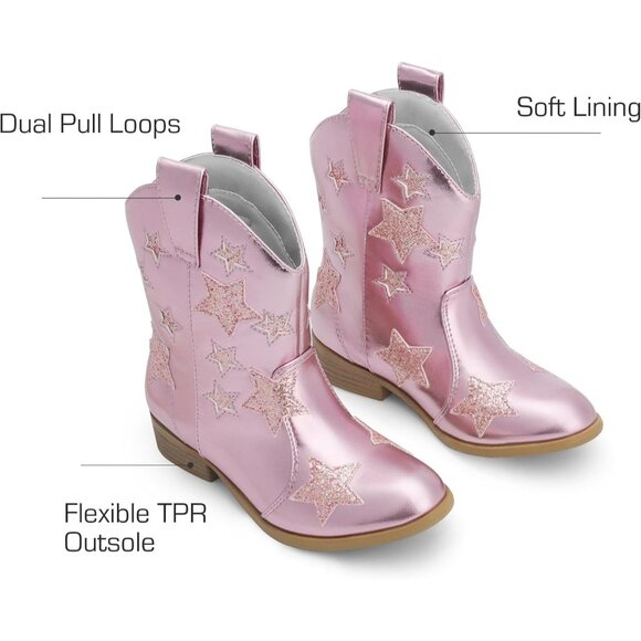 Girls Pink Cowgirl Mid Calf Glitter Western Boots Toddler Star Riding Shoes - Picture 3 of 6